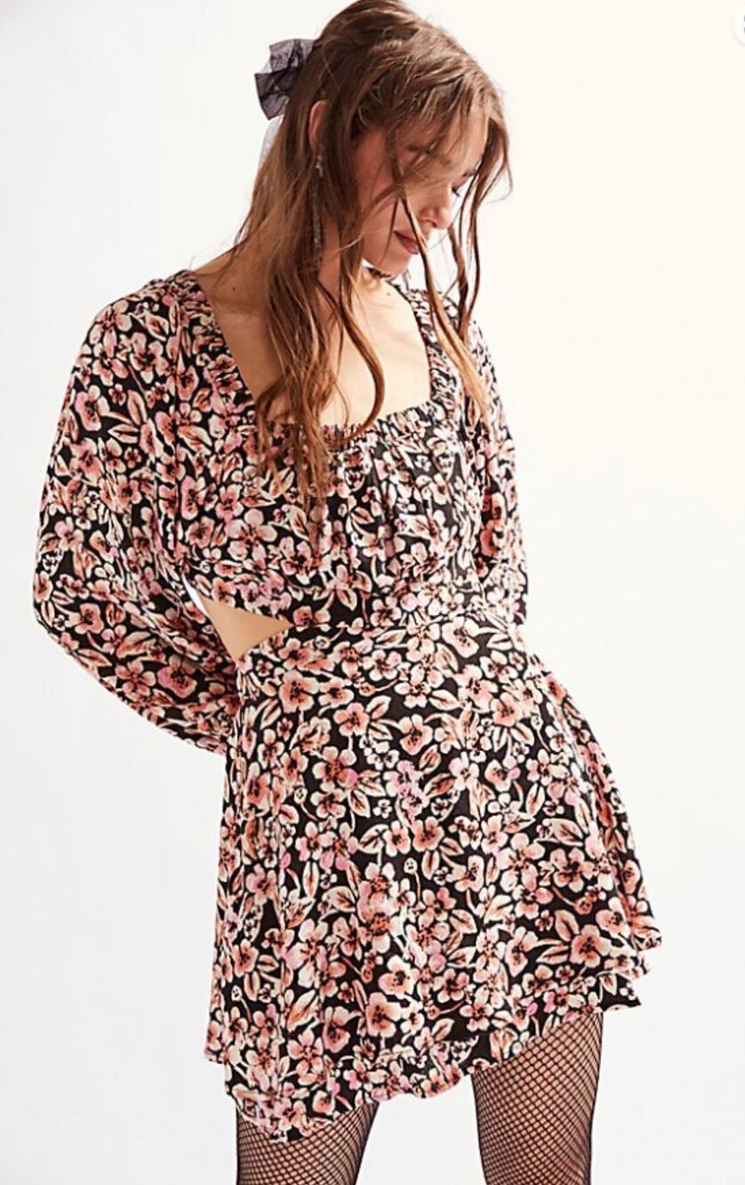 Free People Jael Floral Cut-Out Mini Dress Black Combo Boho Long Sleeve Small